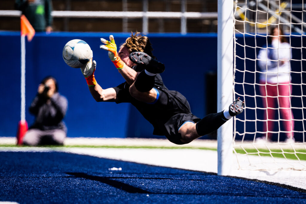 Allen keeper Alec Setterberg makes the game winning save as the Eagles beat Lake Highlands in the regional final on Saturday April 8, 2023. (Photo/Matthew Smith)