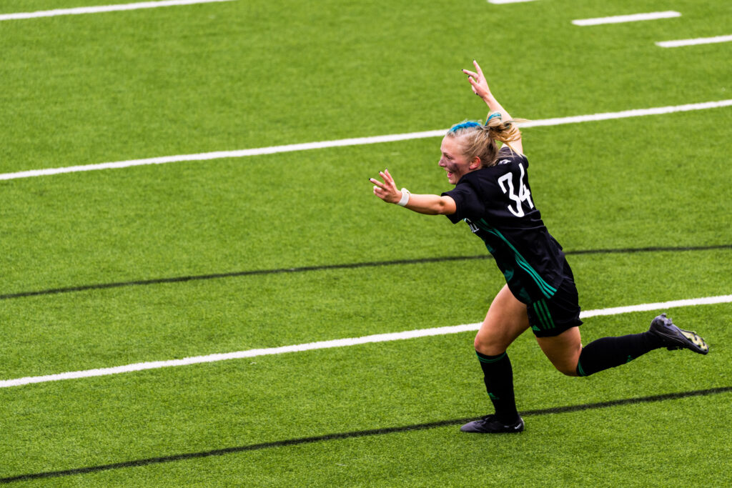 Southlake Carroll's Hannah Jordan celebrates after a goal. The Dragons beat McKinney Boyd 3-1 in the regional semifinals Friday April 7, 2023 (Photo/Matthew Smith)